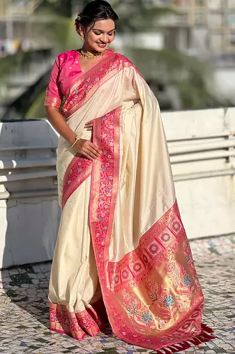 Cream heavy woven paithani gala soft silk blend saree