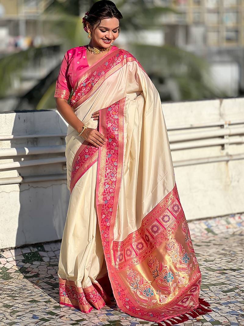 Cream color heavy  woven paithani gala designer soft silk saree