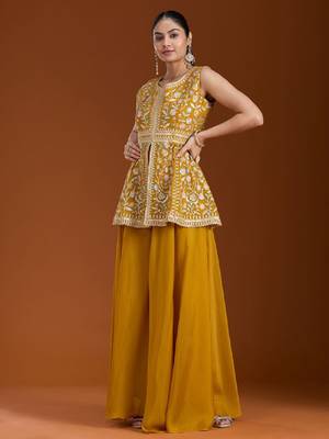 Yellow color star georgette party wear peplum sharara set 2