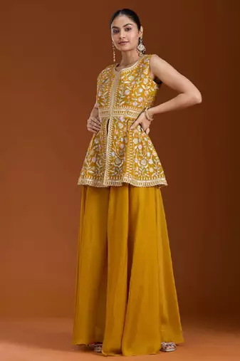 Yellow color star georgette party wear designer peplum sharara set