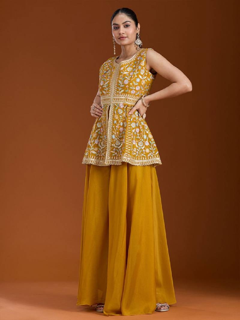 Yellow color star georgette party wear designer peplum sharara set