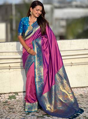 Lavender heavy woven paithani gala soft silk blend saree 4