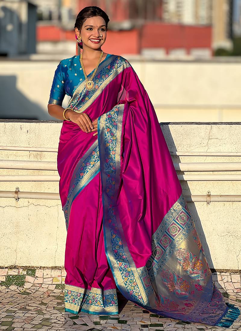Magenta color heavy  woven paithani gala designer soft silk saree