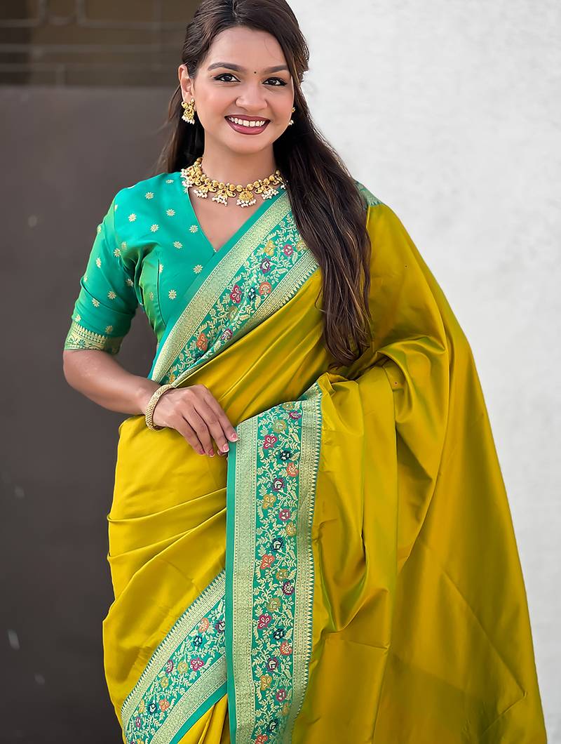 Mahendi color heavy  woven paithani gala designer soft silk saree