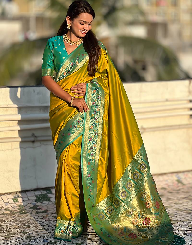 Mahendi color heavy  woven paithani gala designer soft silk saree