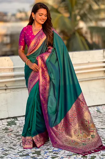 Rama heavy woven paithani gala soft silk blend saree