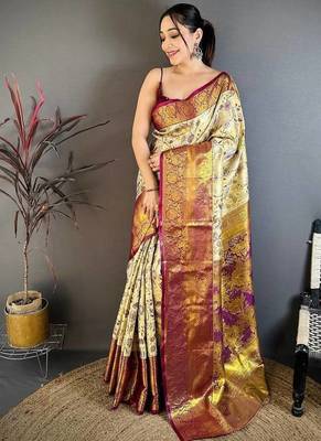  Cream Color Weaving  Zari Border art silk saree  1