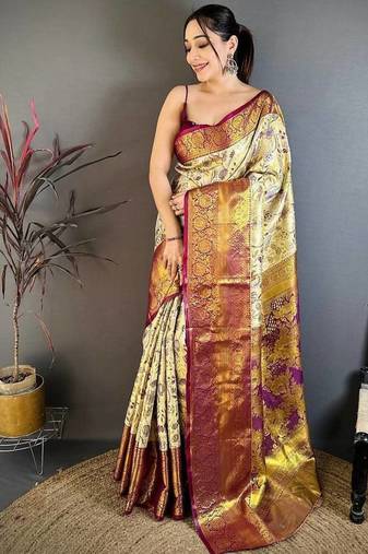  Cream Color Weaving  Zari Border silk saree 