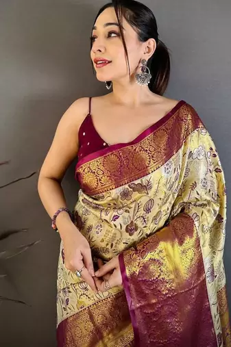  Cream Color Weaving  Zari Border art silk saree 