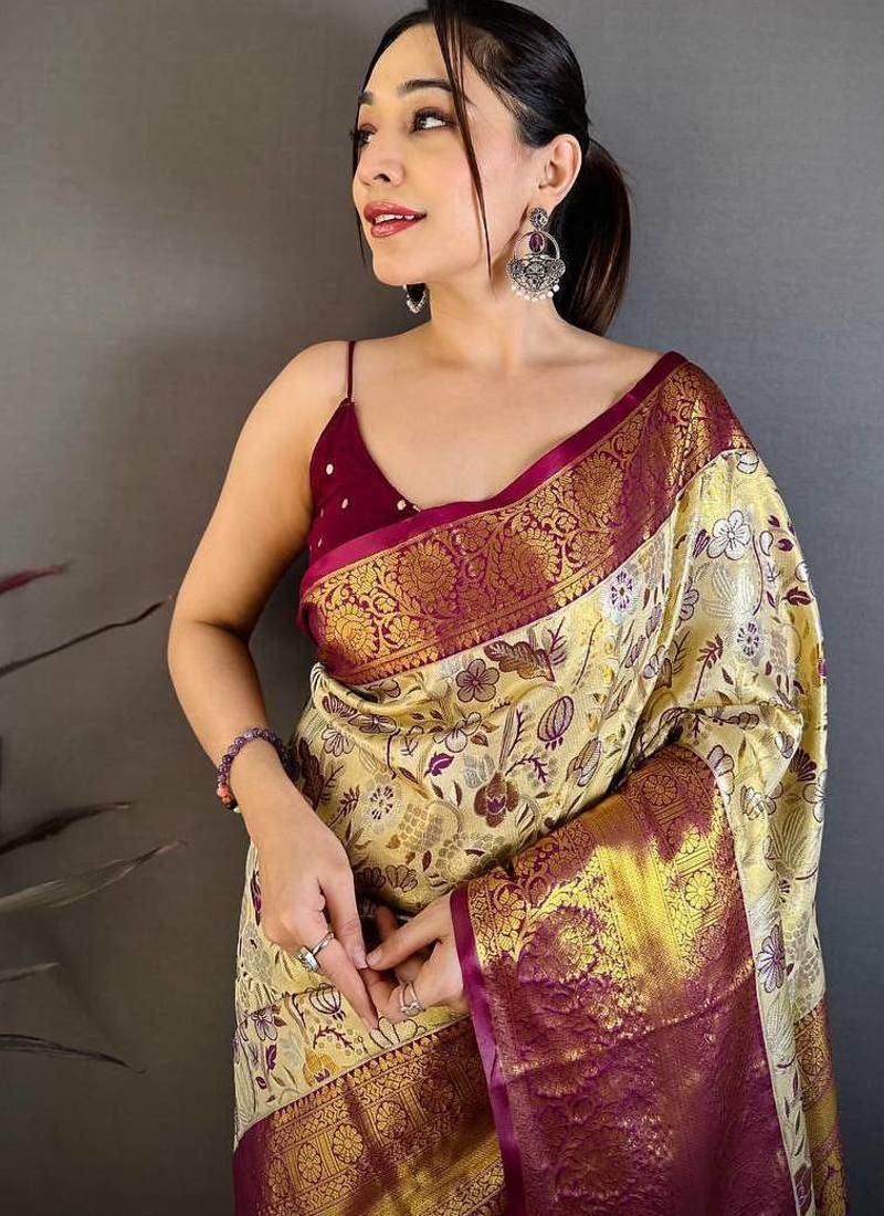  Cream Color Weaving  Zari Border silk saree 