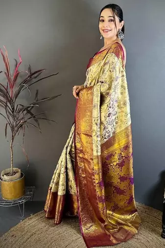 Cream Color Weaving  Zari Border art silk saree 