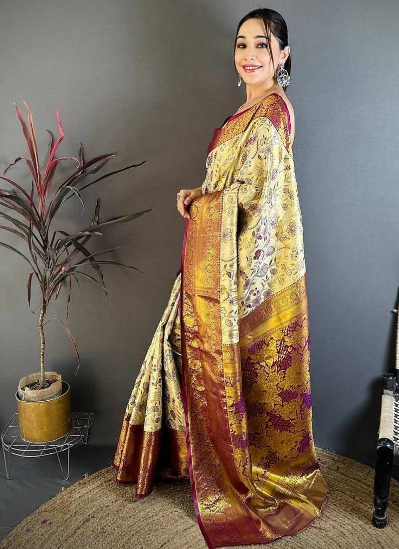  Cream Color Weaving  Zari Border silk saree 