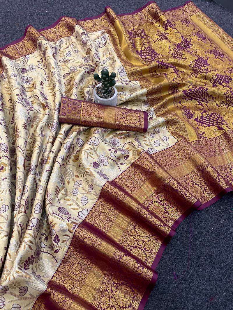  Cream Color Weaving  Zari Border silk saree 