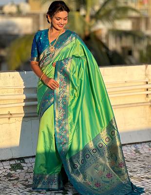 Pista heavy woven paithani gala soft silk blend saree 4