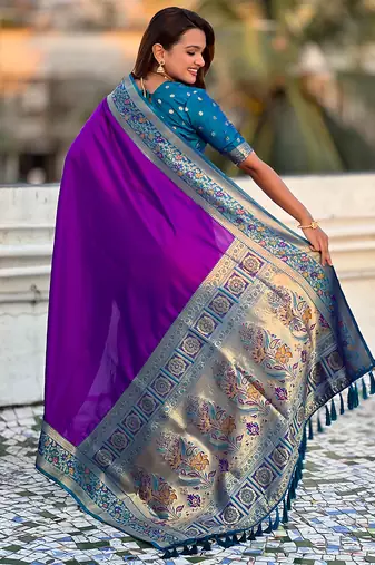 Purple heavy woven paithani gala soft silk blend saree