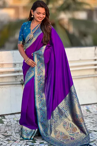 Purple heavy woven paithani gala soft silk blend saree