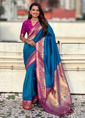 Firozi heavy woven paithani gala soft silk blend saree 1