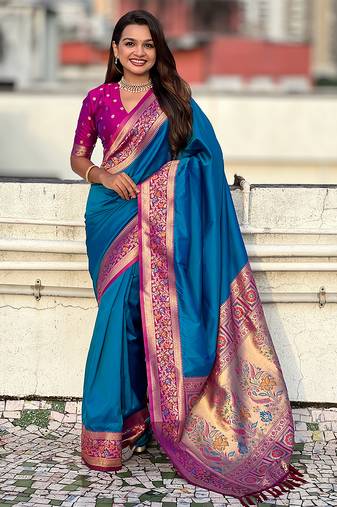 Firozi color heavy  woven paithani gala designer soft silk saree