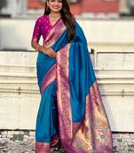 Firozi color heavy  woven paithani gala designer soft silk saree