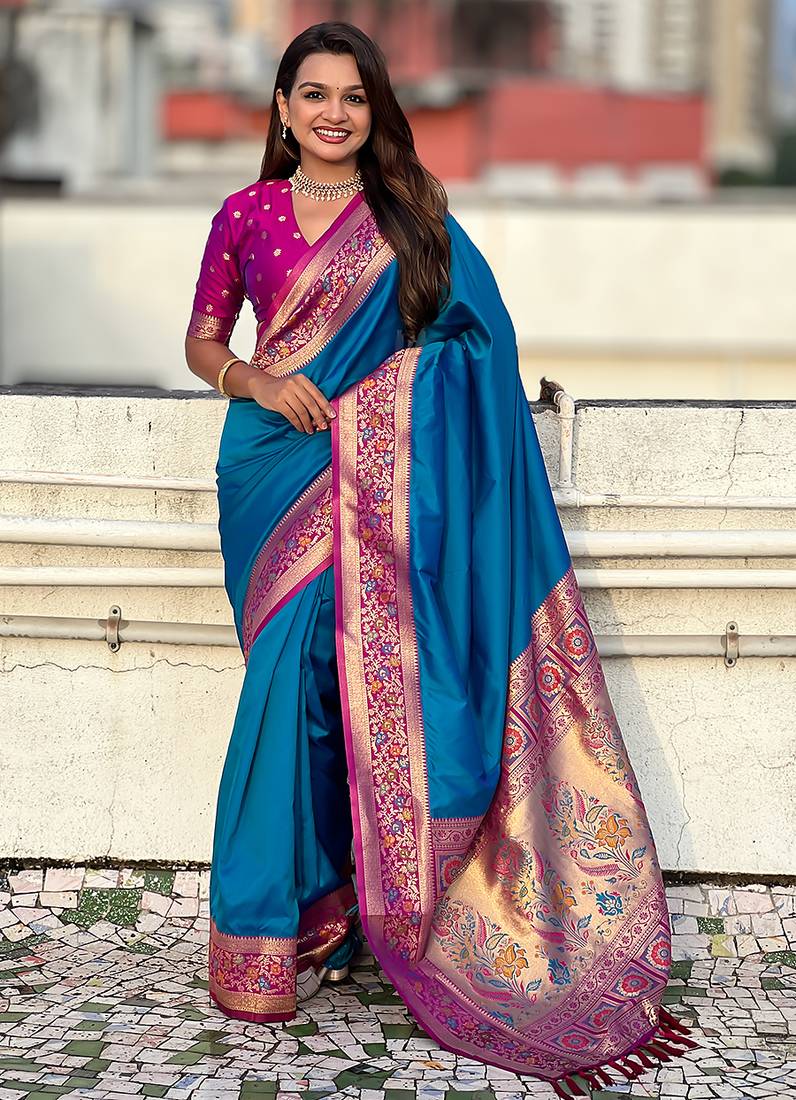 Firozi color heavy  woven paithani gala designer soft silk saree