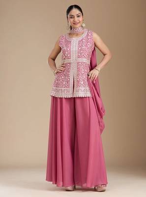 Pink color star georgette party wear  peplum sharara set 1