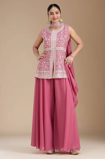 Pink color star georgette party wear designer peplum sharara set