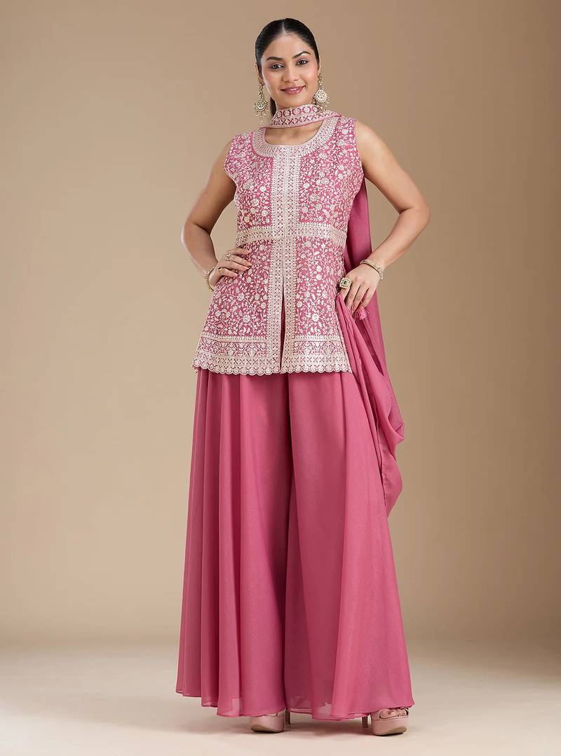 Pink color star georgette party wear designer peplum sharara set
