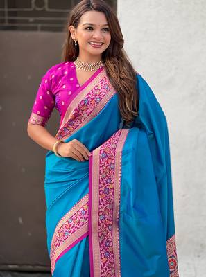 Firozi heavy woven paithani gala soft silk blend saree 3