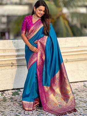 Firozi heavy woven paithani gala soft silk blend saree 4