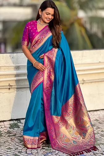 Firozi heavy woven paithani gala soft silk blend saree