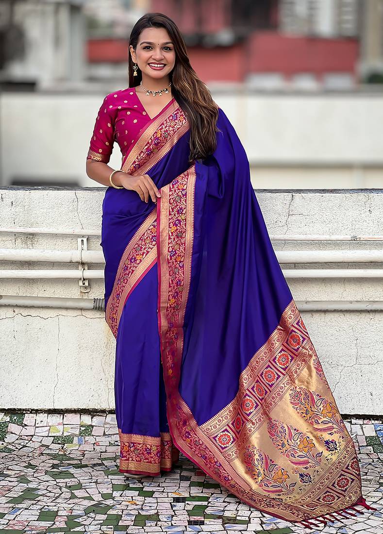 Violet color heavy  woven paithani gala designer soft silk saree