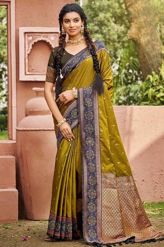 Mahendi color smart and ethnic woven designer soft silk saree