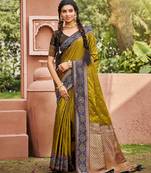 Mahendi color smart and ethnic woven designer soft silk saree