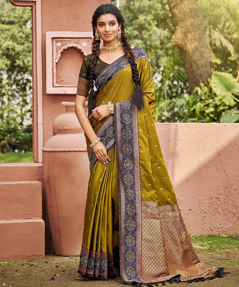 Mahendi color smart and ethnic woven designer soft silk saree