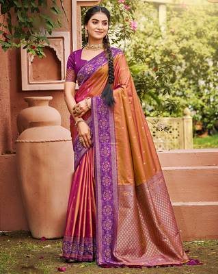Rust smart and ethnic woven soft silk blend saree 1