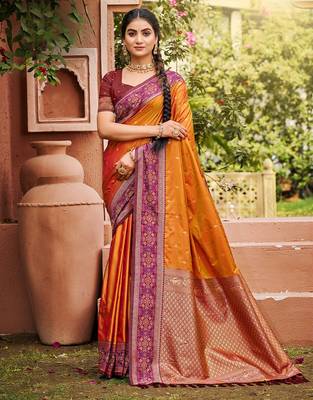 Orange smart and ethnic woven soft silk blend saree 1