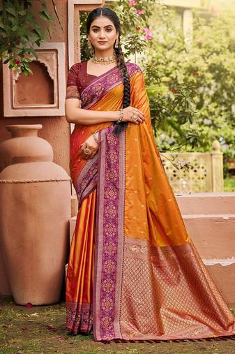 Orange color smart and ethnic woven designer soft silk saree