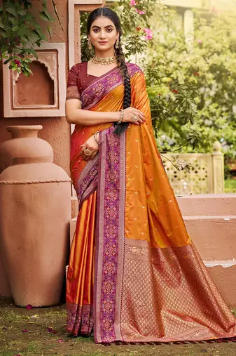 Orange color smart and ethnic woven designer soft silk saree