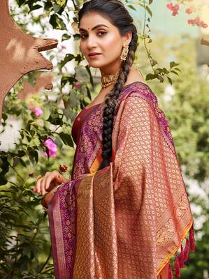 Orange smart and ethnic woven soft silk blend saree 2