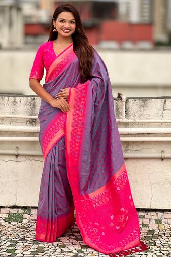 Lavender color woven meenakari ikkat designer patola silk saree