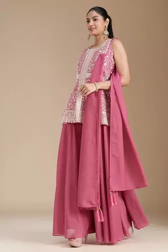 Pink color star georgette party wear designer peplum sharara set