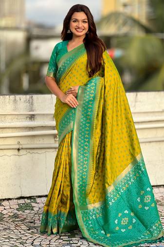 Mahendi color woven meenakari ikkat designer patola silk saree