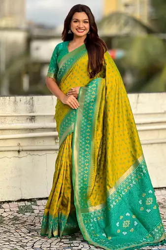 Mahendi color woven meenakari ikkat designer patola silk saree