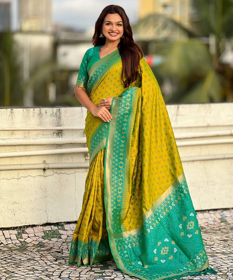 Mahendi color woven meenakari ikkat designer patola silk saree