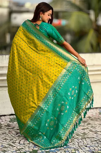 Mahendi woven meenakari ikkat patola silk blend saree