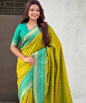 Mahendi woven meenakari ikkat patola silk blend saree 3