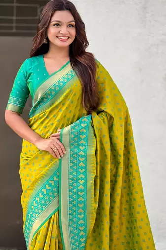 Mahendi woven meenakari ikkat patola silk blend saree