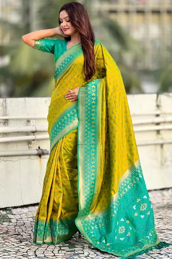 Mahendi woven meenakari ikkat patola silk blend saree