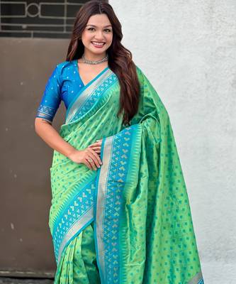 Pista woven meenakari ikkat patola silk blend saree 3