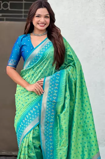 Pista woven meenakari ikkat patola silk blend saree